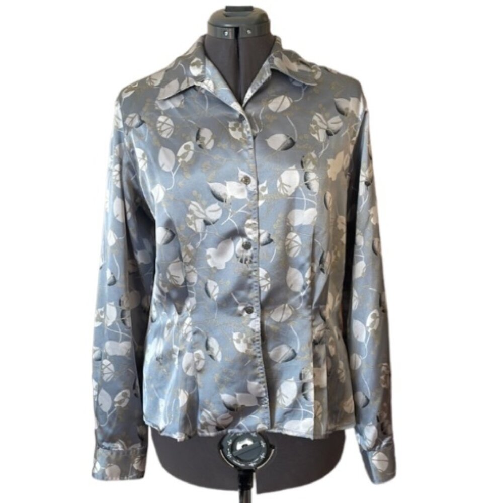 Evan Picone Floral Satin Pleated and Tucked Button Down Blouse Size 12